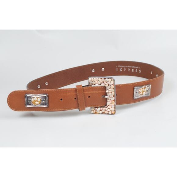 Vintage Express Brown Leather Belt Rock Studded Stone  display picture 3